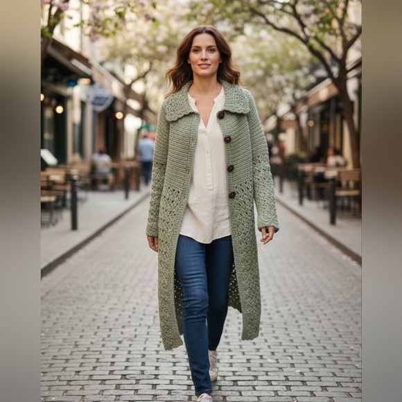 Handmade Sweaters - Green Crochet Long SWEATER SIZE LENGTH 44" WAIST 30" BUST 32"